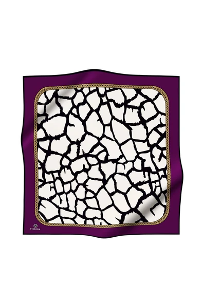 %100 Twill Taş Desenli Mürdüm - Krem Renkli 90x90 Eşarp Dikim Şekli: El Dikişi - Resim 2