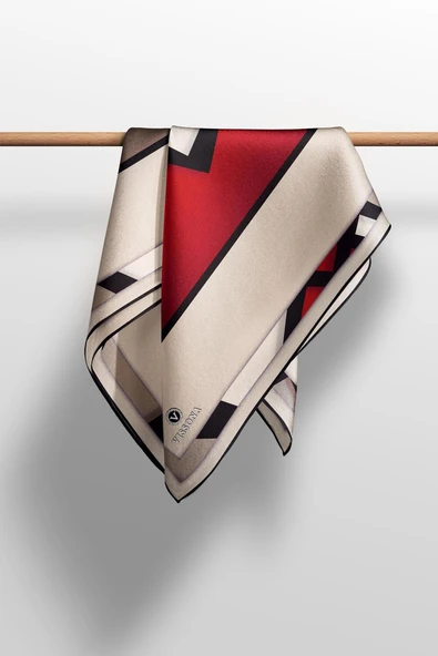 %100 Twill İpek Geometrik Desenli Bordo - Vizon Renkli 90x90 Eşarp Dikim Şekli : El Dikişi - Resim 4