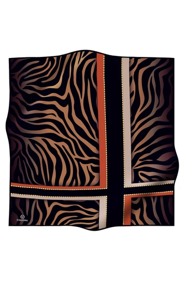 %100 Twill İpek Zebra Desenli Gold - Siyah Renkli 90x90 Eşarp Dikim Şekli : El Dikişi - Resim 2
