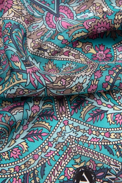 100% İpek Etro Desenli Petrol Yeşili - Pembe Renkli 92x210 Şal - Resim 3
