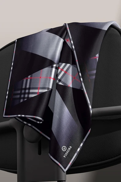 %100 Twill İpek Ekose Desenli Gri - Siyah Renkli 90x90 Eşarp Dikim Şekli : El Dikişi - Resim 4