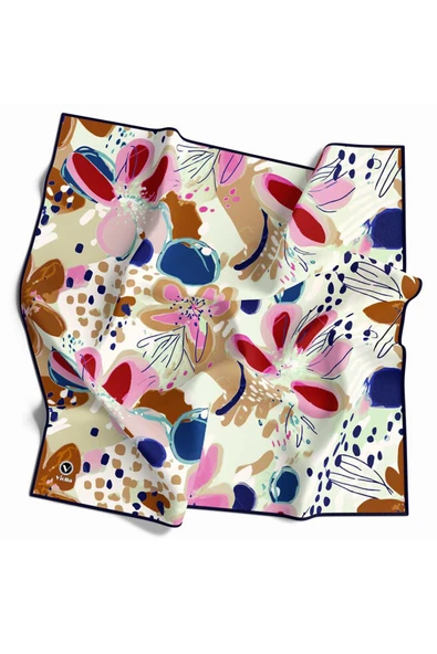 Twill Yumuşak Dokulu Çiçekli Batik Desenli Bej - Lacivert Renkli 90x90 Eşarp (İpek İçermez) ürün görseli