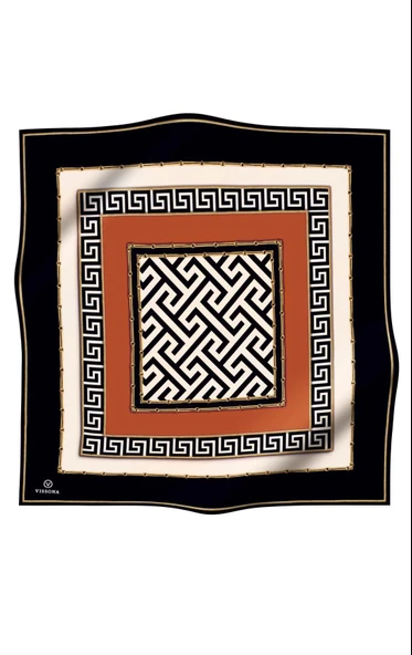 % 57 İPEK % 43 VİSKON Twill İpek Labirent Ve Geometrik Desenli Taba - Siyah Renkli 90x90 Eşarp Dikim Şekli : El Dikişi - Resim 2