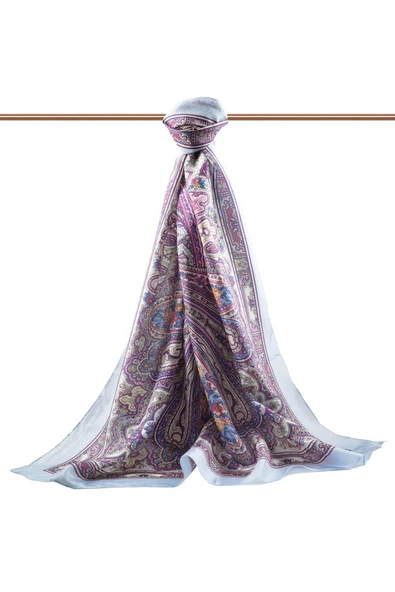 %100 İpek Etro Desenli Bebe Mavisi Renkli 92x210 Şal - Resim 2