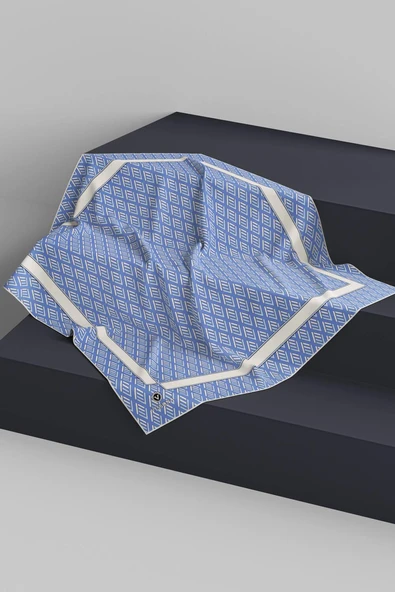 % 57 İPEK % 43 VİSKON Twill İpek Geometrik Desenli İndigo - Krem Renkli 90x90 Eşarp Dikim Şekli : El Dikişi - Resim 6