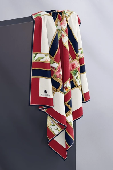 100% Twill İpek Şeritli Çiçek Desenli Bordo - Lacivert Renkli 90x90 Dikim Şekli : El Dikişi Eşarp - Resim 3