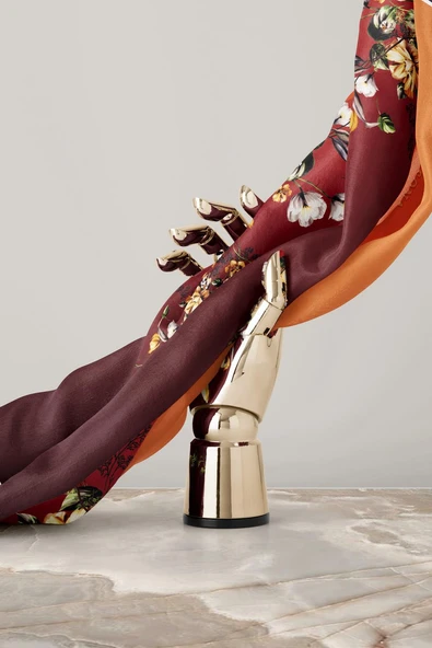 %100 Twill İpek Sonsuz Çiçek Desenli Taba Renkli 90x90 Eşarp Dikim Şekli : El Dikişi - Resim 6