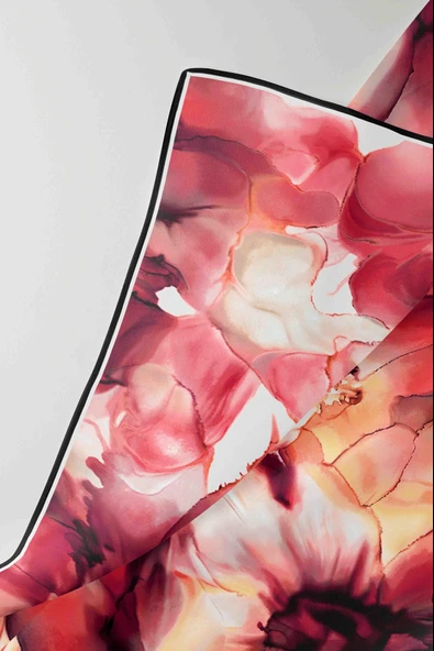 %100 Twill İpek Batik Çiçek Desenli Bordo - Hardal Renkli 90x90 Eşarp - Resim 6