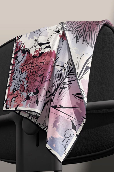 %100 Twill İpek Yaprak Desenli İndigo - Bordo Renkli 90x90 Eşarp Dikim Şekli : El Dikişi - Resim 6