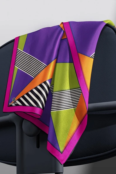 %100 Twill İpek Çizgili ve Geometrik Desenli Fuşya - Turuncu Renkli 90x90 Eşarp Dikim Şekli : El Dikişi - Resim 3