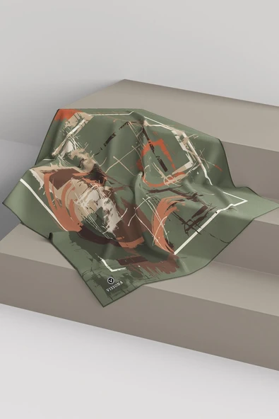 % 57 İPEK % 43 VİSKON Twill İpek Geometrik Desenli Çağla - Bakır Renkli 90x90 Eşarp Dikim Şekli : El Dikişi - Resim 6