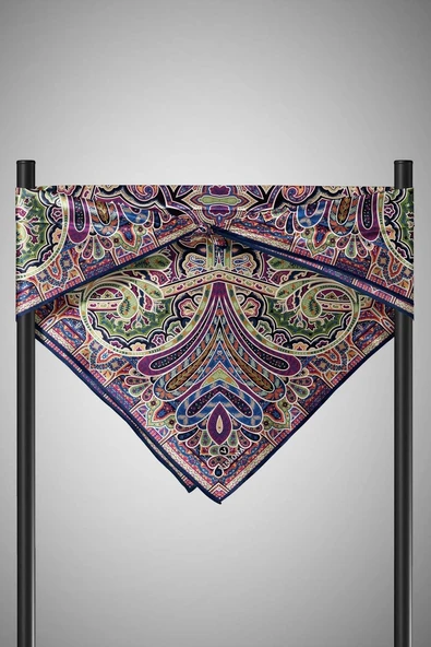 100% Twill İpek Etnik Desenli Lacivert - Haki Renkli 90x90 Dikim Şekli : El Dikişi Eşarp - Resim 3