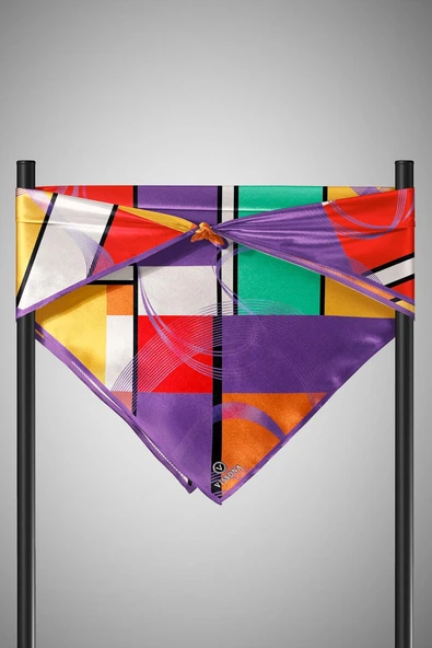 %100 Twill İpek Geometrik Desenli Mor - Kırmızı Renkli 90x90 Eşarp Dikim Şekli : El Dikişi - Resim 6