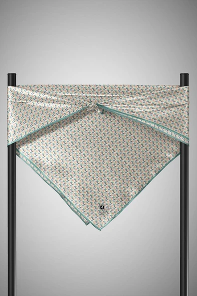 %100 Twill İpek Çizgi Desenli Mint Yeşili Renkli 90x90 Eşarp Dikim Şekli : El Dikişi - Resim 5