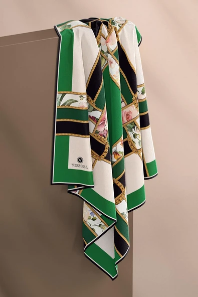 100% Twill İpek Şeritli Çiçek Desenli Zümrüt Yeşili - Krem Renkli 90x90 Dikim Şekli : El Dikişi Eşarp - Resim 3