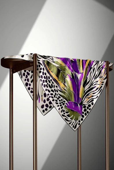 %100 Twill İpek Amazon Desenli Haki Yeşili - Mor Renkli 90x90 Eşarp Kenar Dikiş Şekli El Dikişli - Resim 4