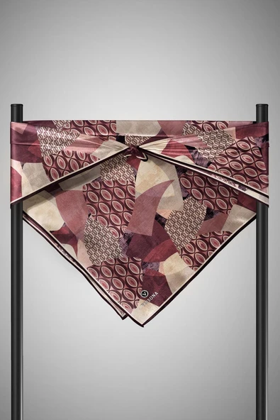 %100 Twill İpek Geometrik Desenli Gül Kurusu - Vizon Renkli 90x90 Eşarp Eşarp Kenar Dikiş Şekli El Dikişli - Resim 6