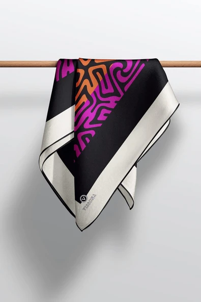 100% Twill İpek Bordürlü Dalga Desenli Fuşya - Turuncu Renkli 90x90 Dikim Şekli : El Dikişi Eşarp - Resim 4