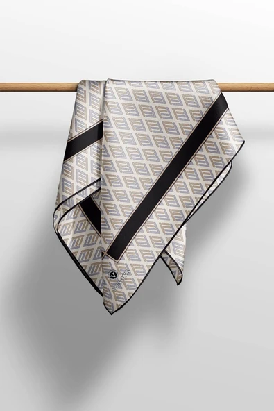 % 57 İPEK % 43 VİSKON Twill İpek Geometrik Desenli Gri - Bej Renkli 90x90 Eşarp Dikim Şekli : El Dikişi - Resim 5
