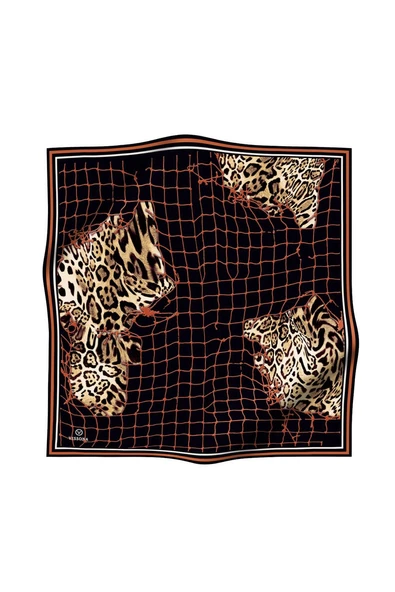 %100 Twill İpek Leopar Desenli Siyah - Taba Renkli 90x90 Eşarp Dikim Şekli : El Dikişi - Resim 2