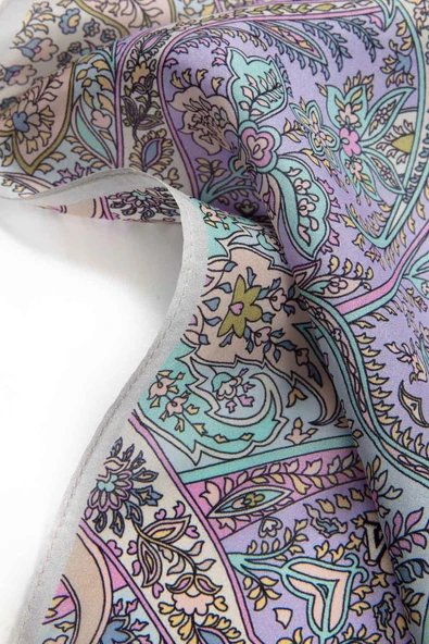 %100 İpek Etnik Desenli Gümüş Renkli 92x210 Şal - Resim 4