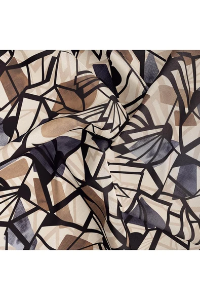 %100 Twill Renkli Petek Desenli Bej - Gri Renkli 90x90 Eşarp Dikim Şekli: El Dikişii - Resim 5