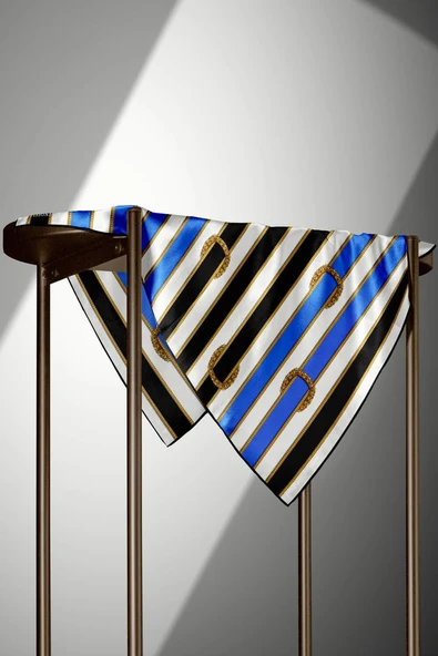 %100 Twill İpek Kemer Desenli Siyah - Saks Renkli 90x90 Eşarp Dikim Şekli : El Dikişi - Resim 6