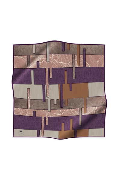 %100 Twill İpek Geometrik Desenli Mürdüm Renkli 90x90 Eşarp Dikim Şekli : El Dikişi - Resim 2