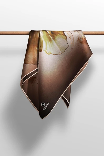 %100 Twill İpek Batik Çiçek Desenli Haki Yeşili - Taba Renkli 90x90 Eşarp Dikim Şekli : El Dikişi - Resim 5