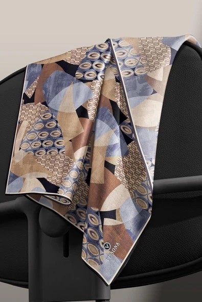 %100 Twill İpek Geometrik Desenli Gri - Sütlü Kahve Renkli 90x90 Eşarp Eşarp Kenar Dikiş Şekli El Dikişli - Resim 5