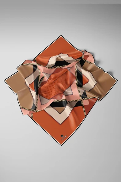 %100 Twill İpek Geometrik Desenli Bej - Taba Renkli 90x90 Eşarp Dikim Şekli : El Dikişi - Resim 3