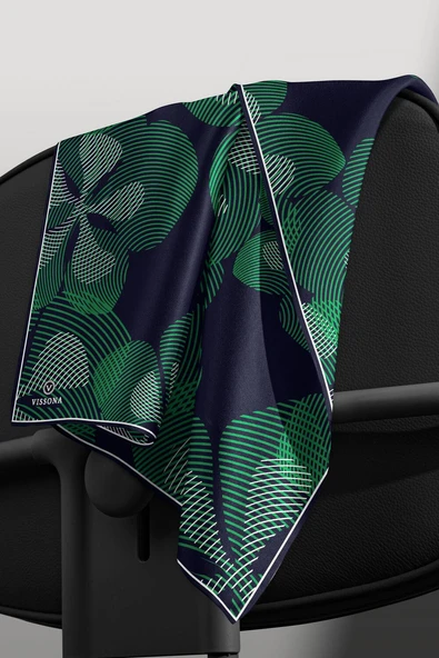 %100 Twill İpek Çizgili Çiçek Desenli Lacivert - Zümrüt Yeşili Renkli 90x90 Eşarp Dikim Şekli : El Dikişi - Resim 6