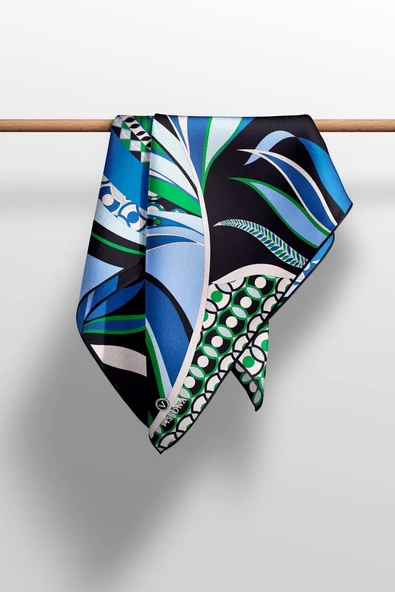 100% Twill Etnik Yaprak Desenli Saks Renkli 90x90 Dikim Şekli : El Dikişi Eşarp - Resim 5