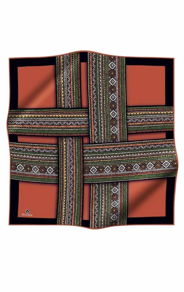 %100 Twill İpek Etnik Desenli Taba - Haki Renkli 90x90 Eşarp Dikim Şekli : El Dikişi - Resim 2