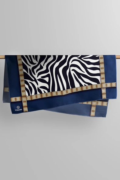 % 57 İPEK % 43 VİSKON Twill İpek Zebra Desenli Lacivert - Gold Renkli 90x90 Eşarp Dikim Şekli : El Dikişi - Resim 5