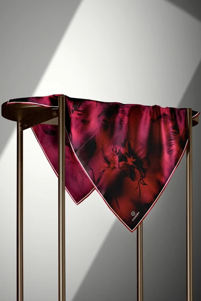 % 57 İPEK % 43 VİSKON Twill İpek Çiçek Desenli Bordo Renkli 90x90 Dikim Şekli : El Dikişi Eşarp - Resim 4