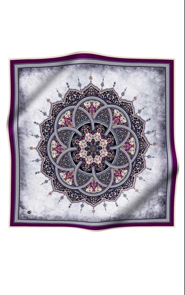 %100 Twill İpek Şal Desenli Mürdüm - Lacivert Renkli 90x90 Eşarp Dikim Şekli : El Dikişi - Resim 2