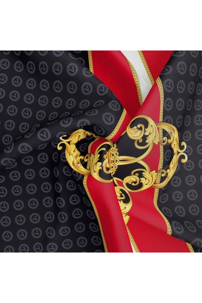 %100 Twill İpek Monogram Ve Barok Desenli Siyah - Kırmızı Renkli 90x90 Eşarp Dikim Şekli : El Dikişi - Resim 3