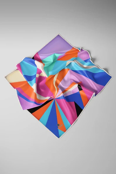 %100 Twill İpek Geometrik Desenli Fuşya - Turuncu Renkli 90x90 Eşarp Dikim Şekli : El Dikişi - Resim 3