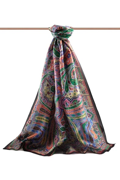 100% İpek Etro Desenli Siyah - Fıstık Yeşili Renkli 92x210 Şal - Resim 2