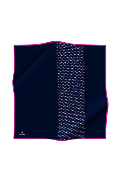 %100 Twill İpek Çıtır Şerit Desenli Lacivert - Fuşya Renkli 90x90 Eşarp Dikim Şekli : El Dikişi - Resim 2