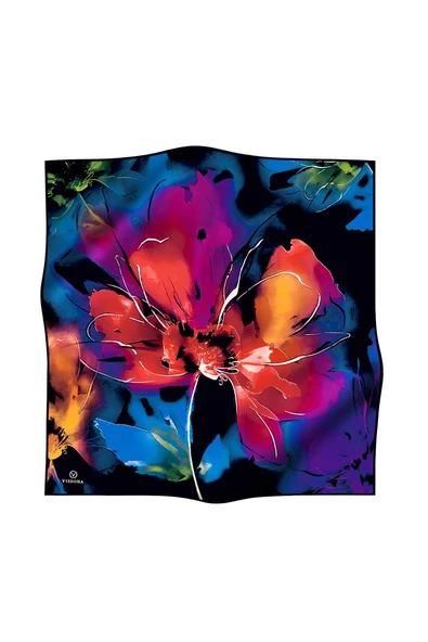 %100 Twill İpek Sulu Boya Çiçek Desenli Siyah Renkli 90x90 Eşarp Dikim Şekli : El Dikişi - Resim 2