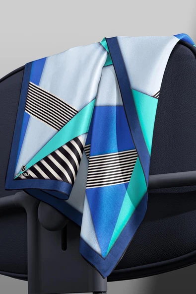 %100 Twill İpek Çizgili ve Geometrik Desenli Saks - Mint Yeşili Renkli 90x90 Eşarp Dikim Şekli : El Dikişi - Resim 3