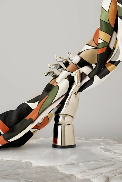 100% Twill İpek Geometrik Desenli Taba - Haki Renkli 90x90 Dikim Şekli : El Dikişi Eşarp - Resim 5