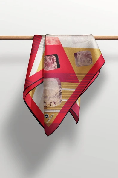 %100 Twill İpek Geometrik Desenli Bordo Renkli 90x90 Eşarp Dikim Şekli : El Dikişi - Resim 6