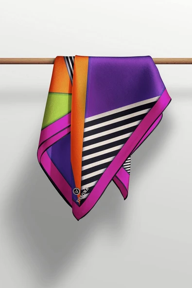 %100 Twill İpek Çizgili ve Geometrik Desenli Fuşya - Turuncu Renkli 90x90 Eşarp Dikim Şekli : El Dikişi - Resim 4