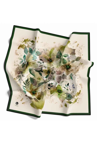 Kristal Çiçek Desenli Krem - Zümrüt Yeşili Renkli 90x90 Eşarp (İpek İçermez) Dikim Şekli : El Dikişi ürün görseli