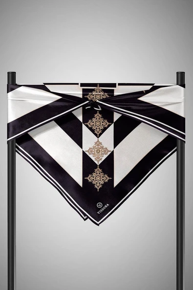 %100 Twill İpek Geometrik ve Barok Desenli Siyah - Krem Renkli 90x90 Eşarp Dikim Şekli : El Dikişi - Resim 5