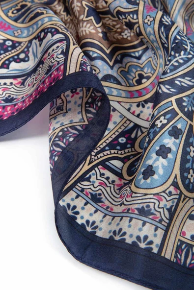 100% İpek Etro Desenli Lacivert - Gold Renkli 92x210 Şal - Resim 4