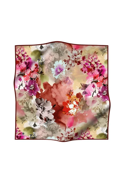 %100 Twill İpek Çiçek  Desenli Bordo - Kırmızı Renkli 90x90 Eşarp Dikim Şekli : El Dikişi - Resim 2